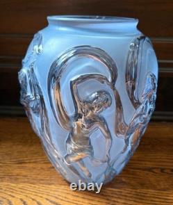Phoenix Glass Vase, 1940s Dancing Nudes, Art Nouveau, 12 H Blue & Clear, Label