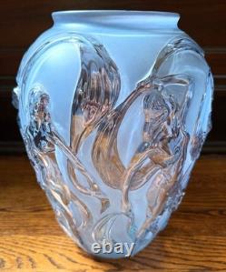 Phoenix Glass Vase, 1940s Dancing Nudes, Art Nouveau, 12 H Blue & Clear, Label