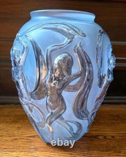 Phoenix Glass Vase, 1940s Dancing Nudes, Art Nouveau, 12 H Blue & Clear, Label