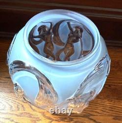 Phoenix Glass Vase, 1940s Dancing Nudes, Art Nouveau, 12 H Blue & Clear, Label