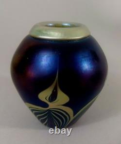 Phoenix Studios Favrile Glass Amber Feather Folded Lip Vase Signed Carl Radke