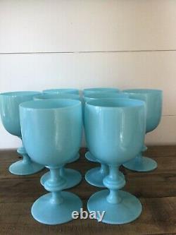 Portieux Vallerysthal PV France Blue Opaline Milk Glass goblets set of 8