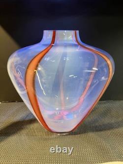 Post modern hand blown glass vase with vertical orange glass ribbons 10 x 10w
