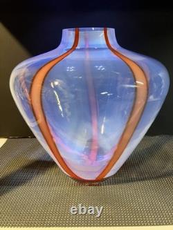 Post modern hand blown glass vase with vertical orange glass ribbons 10 x 10w
