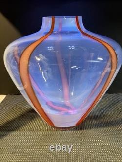 Post modern hand blown glass vase with vertical orange glass ribbons 10 x 10w