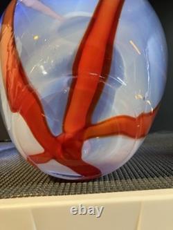 Post modern hand blown glass vase with vertical orange glass ribbons 10 x 10w