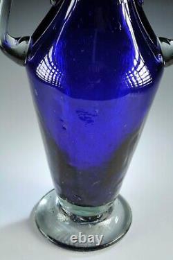 Primitive Cobalt Blue Art Glass Amphora Early 19th Century Stand 10.75
