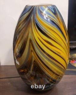 Pulled Feather White Cased Art Glass Vase Blue Green Orange Yellow 6 1/4
