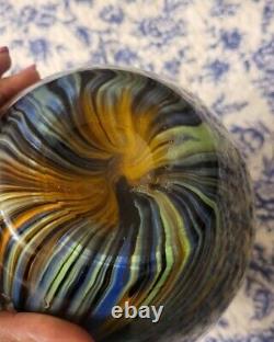 Pulled Feather White Cased Art Glass Vase Blue Green Orange Yellow 6 1/4