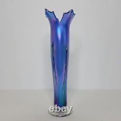 R. Mynatt Blue Purple Iridescent Tall Footed Art Glass Vase 2016 Signed 13.25