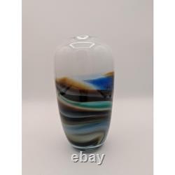 R. Stephens Signed 1981 Studio Art Glass Vase Abstract Landscape Blue Brown 7