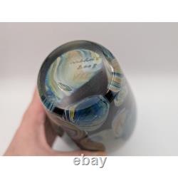 R. Stephens Signed 1981 Studio Art Glass Vase Abstract Landscape Blue Brown 7