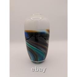 R. Stephens Signed 1981 Studio Art Glass Vase Abstract Landscape Blue Brown 7