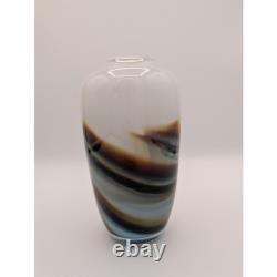 R. Stephens Signed 1981 Studio Art Glass Vase Abstract Landscape Blue Brown 7