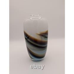 R. Stephens Signed 1981 Studio Art Glass Vase Abstract Landscape Blue Brown 7