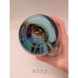 R. Stephens Signed 1981 Studio Art Glass Vase Abstract Landscape Blue Brown 7