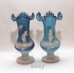 RARE 2 Mary Gregory Girl Quarkmal Blue Vases applied Glass HTF STUNNING HER