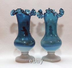 RARE 2 Mary Gregory Girl Quarkmal Blue Vases applied Glass HTF STUNNING HER