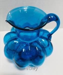 RARE Antique Hand-Blown Cobalt Blue Glass Melon Ribbed Pitcher- C. 1880-1920