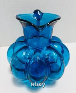 RARE Antique Hand-Blown Cobalt Blue Glass Melon Ribbed Pitcher- C. 1880-1920