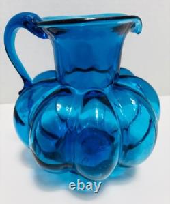 RARE Antique Hand-Blown Cobalt Blue Glass Melon Ribbed Pitcher- C. 1880-1920