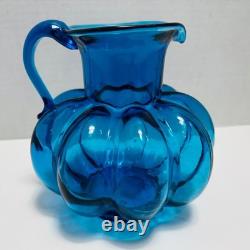 RARE Antique Hand-Blown Cobalt Blue Glass Melon Ribbed Pitcher- C. 1880-1920