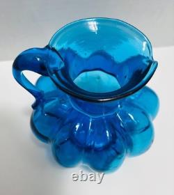 RARE Antique Hand-Blown Cobalt Blue Glass Melon Ribbed Pitcher- C. 1880-1920