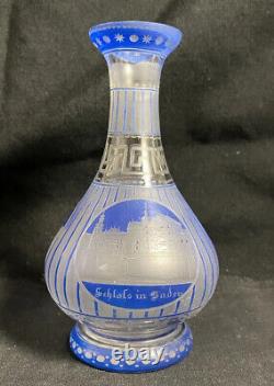 RARE Antique Hand Etched Glass Vase Bottle C. 1870 Blue & White Mollie German