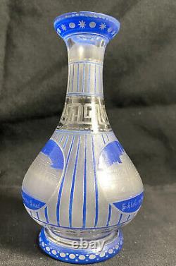 RARE Antique Hand Etched Glass Vase Bottle C. 1870 Blue & White Mollie German