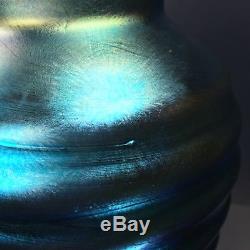 RARE C. 1930 DURAND BEEHIVE VASE ART GLASS LUSTRE IRIDESCENT BLUE Aurene SIGNED