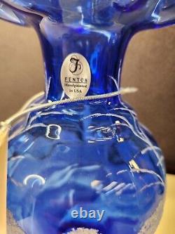 RARE FENTON ART GLASS COLBALT BLUE HAND PAINTED WINTER HUSH Tag Sticker Signed