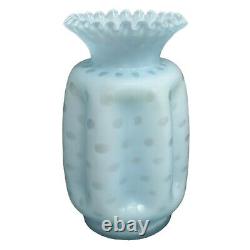 RARE Fenton Bubble Optic Honeycomb Pinch Vase Blue Satin Ruffled Crimped 7.75 H