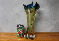 RARE MCM Murano Venetian Swung Art Glass Vase Amber Blue Twist J. I. Co vintage