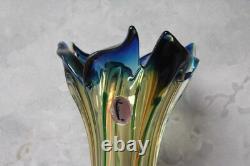 RARE MCM Murano Venetian Swung Art Glass Vase Amber Blue Twist J. I. Co vintage