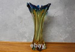 RARE MCM Murano Venetian Swung Art Glass Vase Amber Blue Twist J. I. Co vintage
