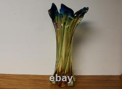 RARE MCM Murano Venetian Swung Art Glass Vase Amber Blue Twist J. I. Co vintage