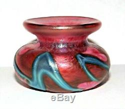RARE Miniature Vase Art Glass Signed JOHN LOTTON Blue Vines Pink Lily 1991 MINT