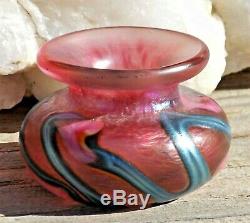 RARE Miniature Vase Art Glass Signed JOHN LOTTON Blue Vines Pink Lily 1991 MINT