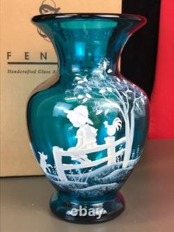 RARE! Nancy Fenton Blue FARM BOY Sitting on Fence Chicken 7 Glass VASE