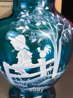 RARE! Nancy Fenton Blue FARM BOY Sitting on Fence Chicken 7 Glass VASE