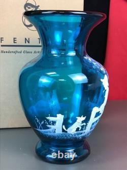 RARE! Nancy Fenton Blue FARM BOY Sitting on Fence Chicken 7 Glass VASE
