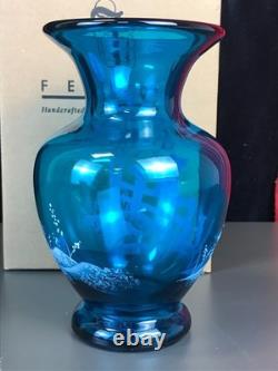 RARE! Nancy Fenton Blue FARM BOY Sitting on Fence Chicken 7 Glass VASE