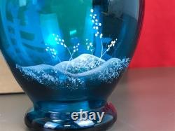 RARE! Nancy Fenton Blue FARM BOY Sitting on Fence Chicken 7 Glass VASE