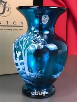 RARE! Nancy Fenton Blue FARM BOY Sitting on Fence Chicken 7 Glass VASE