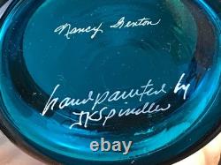 RARE! Nancy Fenton Blue FARM BOY Sitting on Fence Chicken 7 Glass VASE