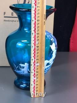 RARE! Nancy Fenton Blue FARM BOY Sitting on Fence Chicken 7 Glass VASE