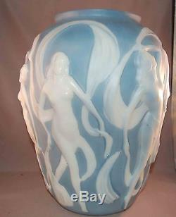 RARE Phoenix Glass Dancing Nudes Blue HUGE Art Deco 11 1/2 Vase