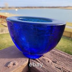 RARE SIGNED Fire & Light Recycled Glass Wide Lip Cobalt Blue Wedge Oval Vase