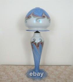 RARE Vandermark Opalescent Pulled Feather Art Glass Table Lamp in Blue