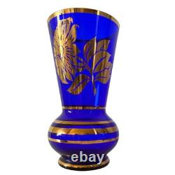 RARE Vintage Borske Sklo Union Vase Sunflower Design in Cobalt Blue and Gold